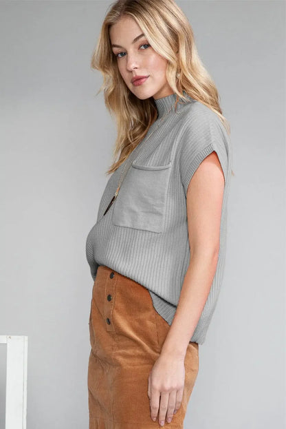 Oatmeal Patch Pocket Ribbed Knit Sweater - IVORYNN