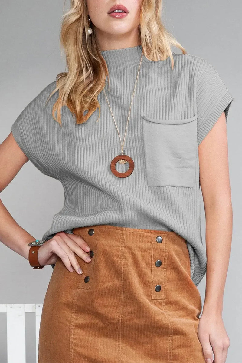 Oatmeal Patch Pocket Ribbed Knit Sweater - IVORYNN