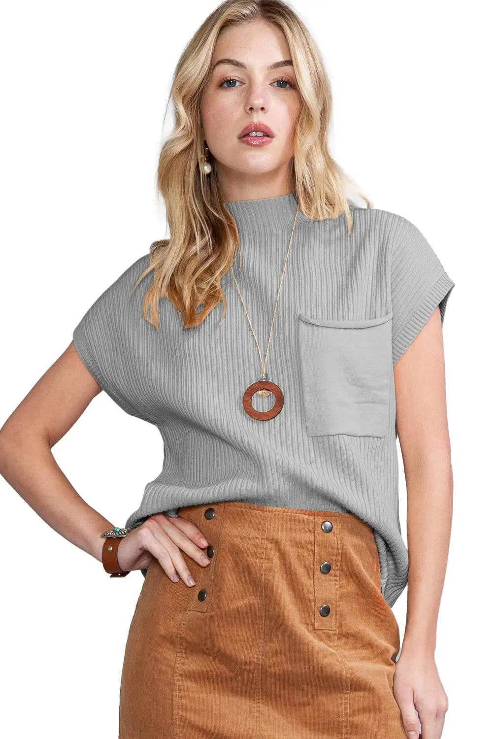 Oatmeal Patch Pocket Ribbed Knit Sweater - IVORYNN