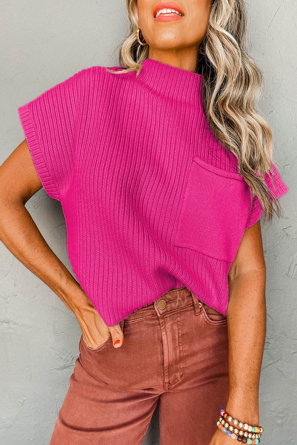 Oatmeal Patch Pocket Ribbed Knit Sweater - IVORYNN
