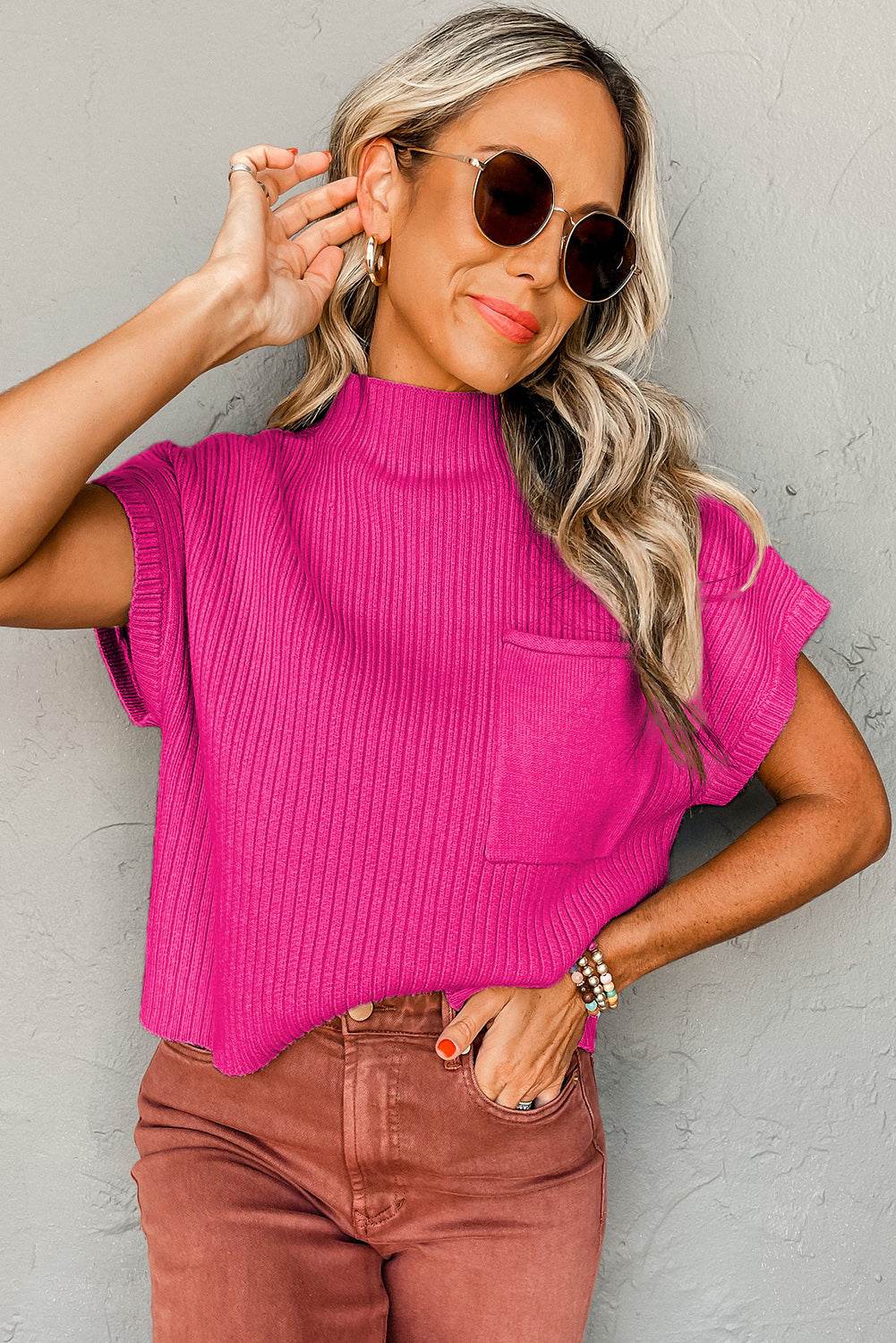 Oatmeal Patch Pocket Ribbed Knit Sweater - IVORYNN