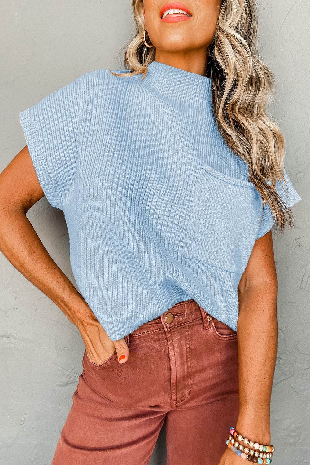 Oatmeal Patch Pocket Ribbed Knit Sweater - IVORYNN