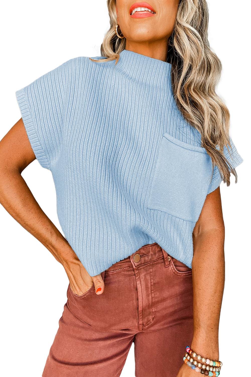 Oatmeal Patch Pocket Ribbed Knit Sweater - IVORYNN