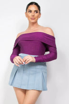 Off-shoulder Glittery Long Sleeve Bodysuit - IVORYNN