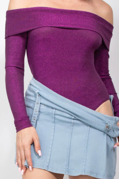 Off-shoulder Glittery Long Sleeve Bodysuit - IVORYNN