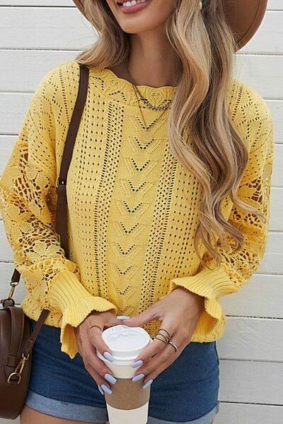 Openwork Round Neck Long Sleeve Sweater - IVORYNN