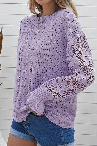 Openwork Round Neck Long Sleeve Sweater - IVORYNN