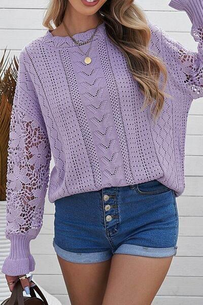 Openwork Round Neck Long Sleeve Sweater - IVORYNN