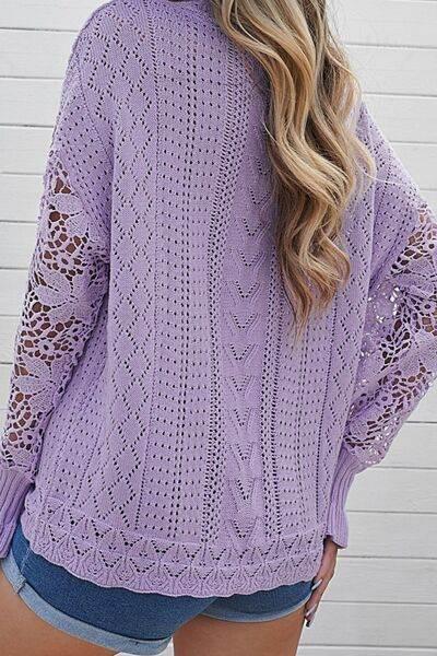 Openwork Round Neck Long Sleeve Sweater - IVORYNN