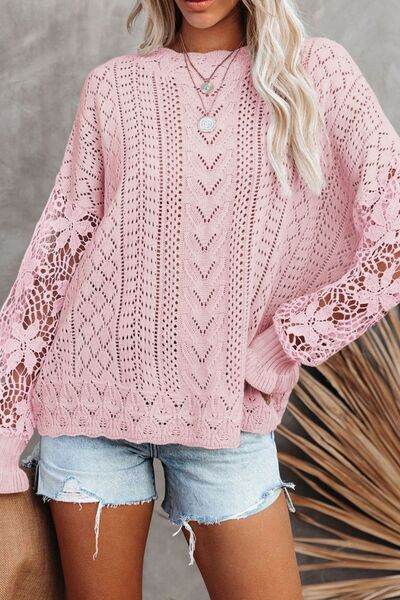 Openwork Round Neck Long Sleeve Sweater - IVORYNN