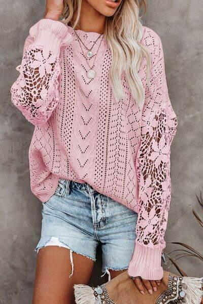 Openwork Round Neck Long Sleeve Sweater - IVORYNN