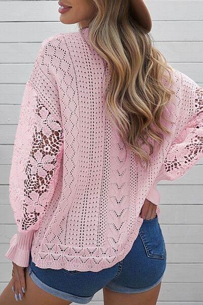 Openwork Round Neck Long Sleeve Sweater - IVORYNN