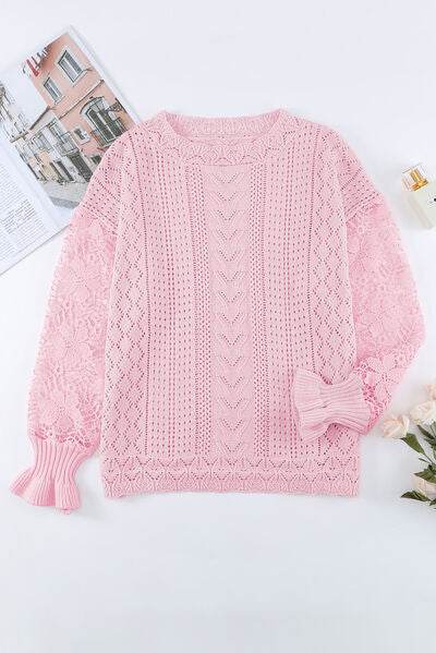 Openwork Round Neck Long Sleeve Sweater - IVORYNN