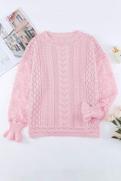 Openwork Round Neck Long Sleeve Sweater - IVORYNN