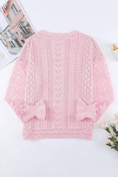 Openwork Round Neck Long Sleeve Sweater - IVORYNN