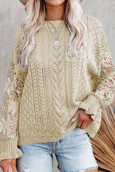 Openwork Round Neck Long Sleeve Sweater - IVORYNN