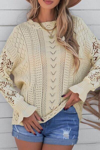 Openwork Round Neck Long Sleeve Sweater - IVORYNN