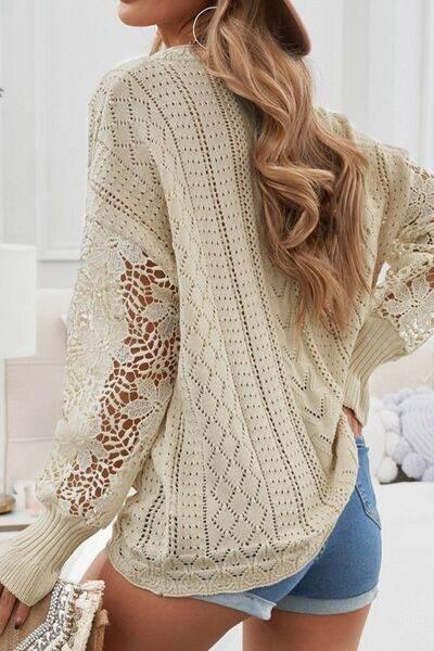 Openwork Round Neck Long Sleeve Sweater - IVORYNN