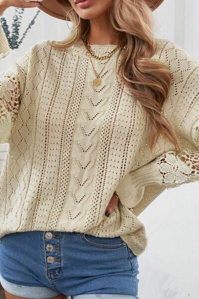 Openwork Round Neck Long Sleeve Sweater - IVORYNN