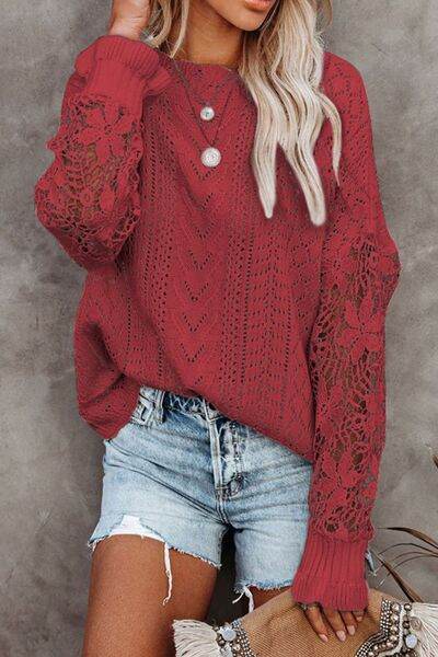 Openwork Round Neck Long Sleeve Sweater - IVORYNN
