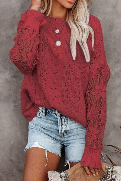 Openwork Round Neck Long Sleeve Sweater - IVORYNN
