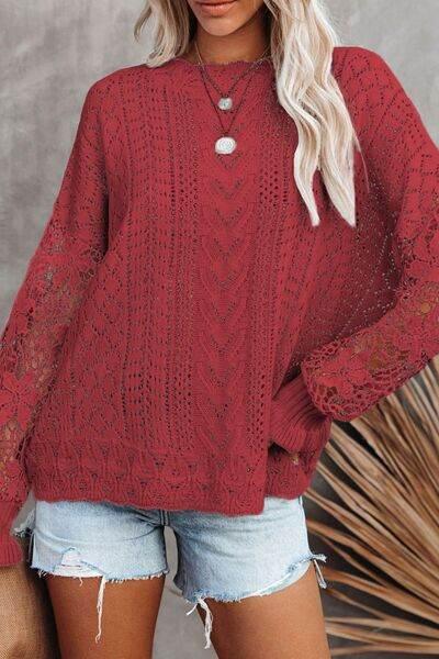 Openwork Round Neck Long Sleeve Sweater - IVORYNN