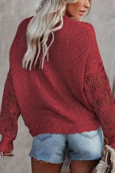 Openwork Round Neck Long Sleeve Sweater - IVORYNN