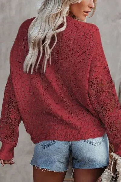 Openwork Round Neck Long Sleeve Sweater - IVORYNN