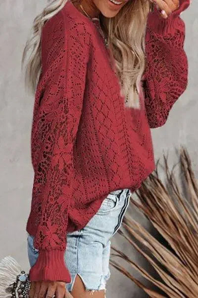 Openwork Round Neck Long Sleeve Sweater - IVORYNN
