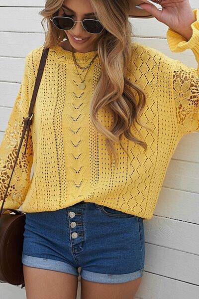 Openwork Round Neck Long Sleeve Sweater - IVORYNN