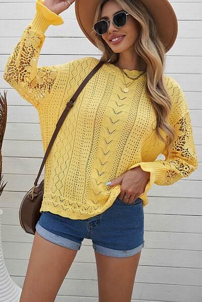 Openwork Round Neck Long Sleeve Sweater - IVORYNN