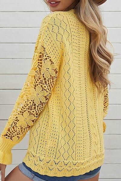 Openwork Round Neck Long Sleeve Sweater - IVORYNN