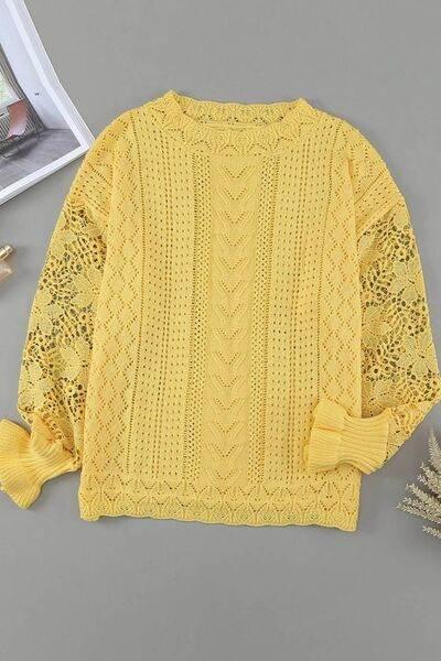 Openwork Round Neck Long Sleeve Sweater - IVORYNN