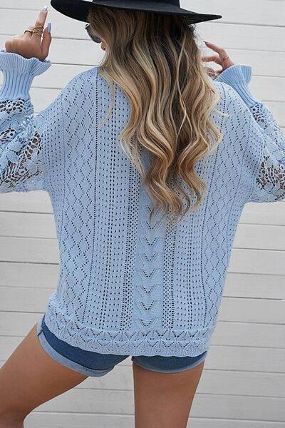 Openwork Round Neck Long Sleeve Sweater - IVORYNN
