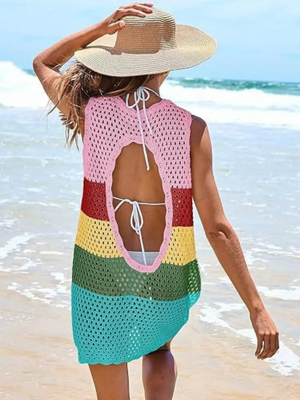 Openwork Sleeveless Cutout Back Cover-Up - IVORYNN