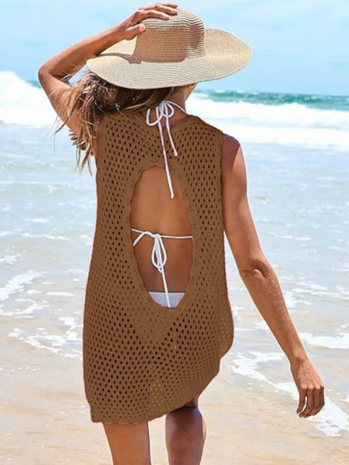 Openwork Sleeveless Cutout Back Cover-Up - IVORYNN