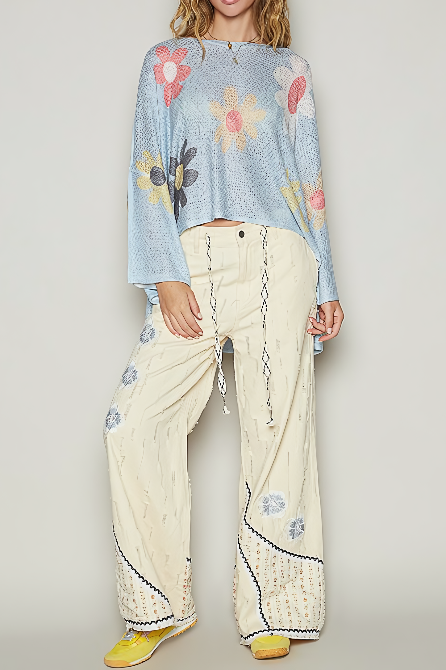 Flower Dropped Shoulder Long Sleeve Knit Sweater