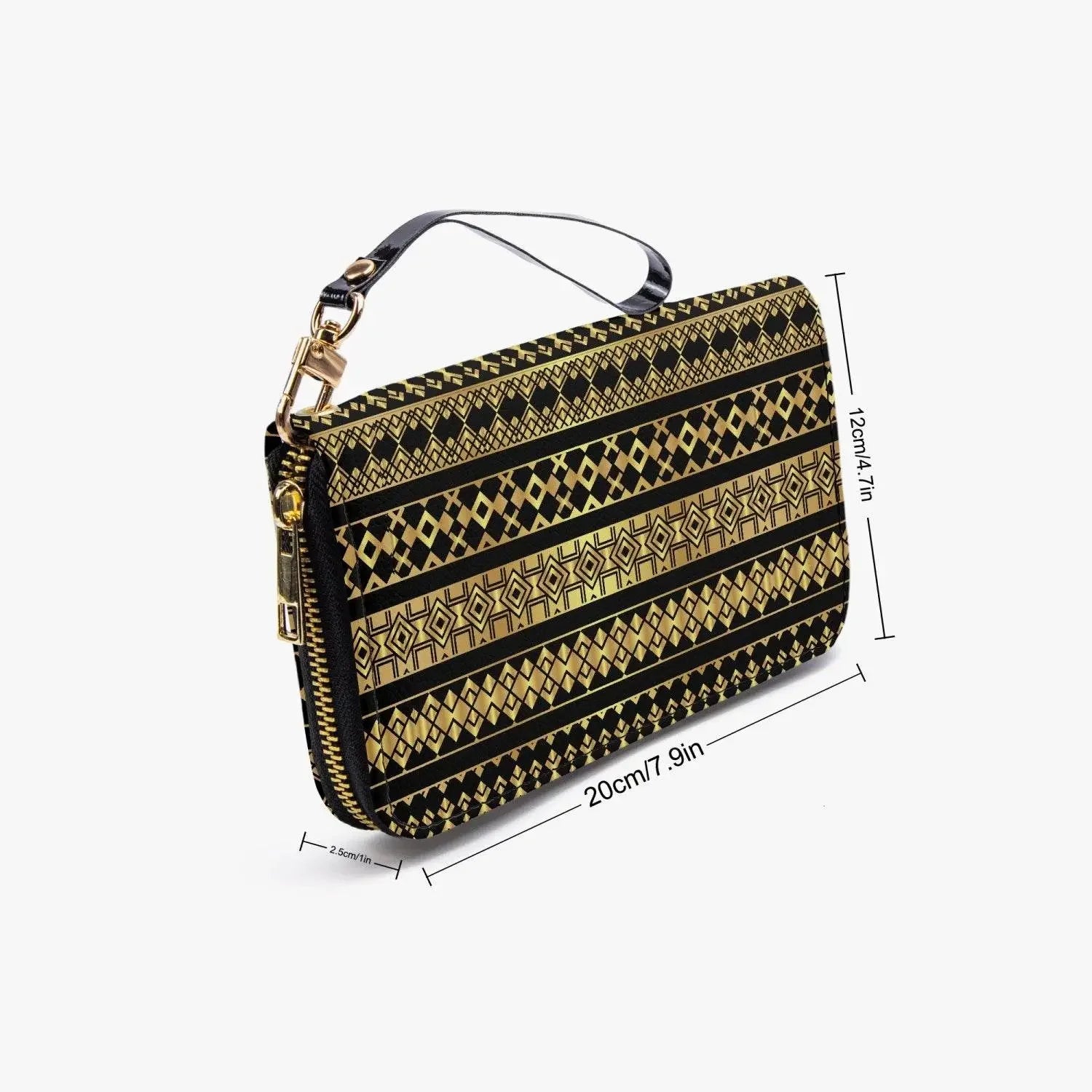 Black and gold Palestine-inspired zipper wallet with geometric pattern, wrist strap, and gold hardware, shown with size dimensions.