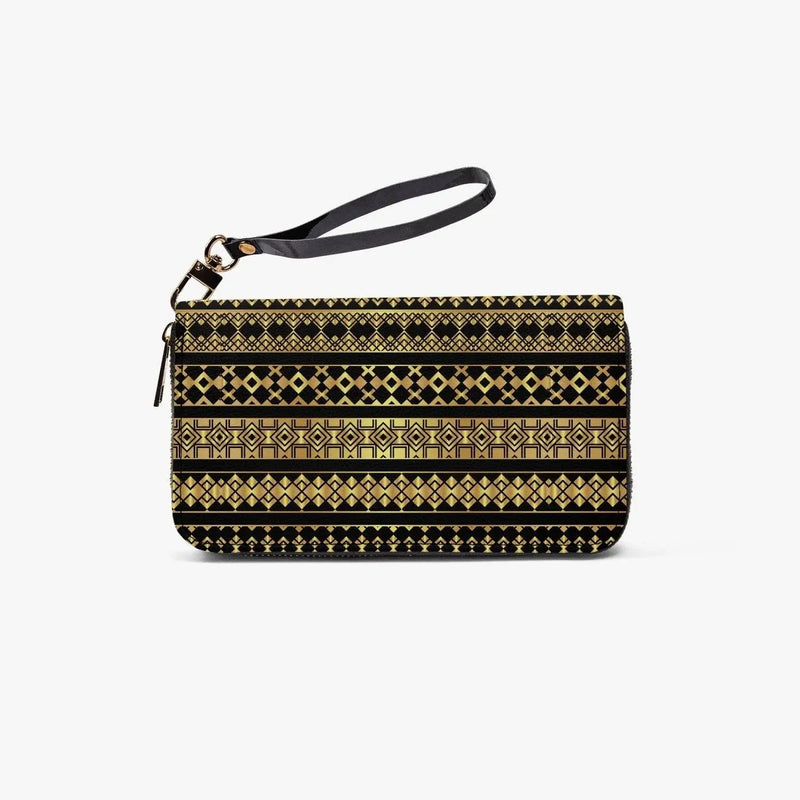 Black wallet with golden geometric Palestinian-inspired decoration and strap, luxury accessory from Ivorynn.