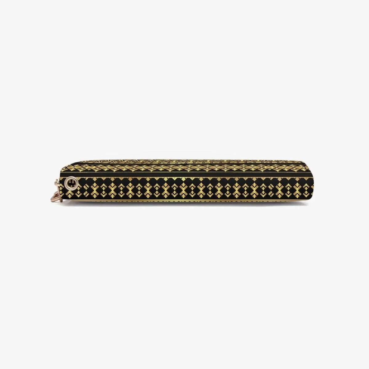 Black wallet with gold geometric pattern and zipper, stylish accessory from Ivorynn