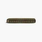 Black wallet with gold geometric pattern and zipper, stylish accessory from Ivorynn