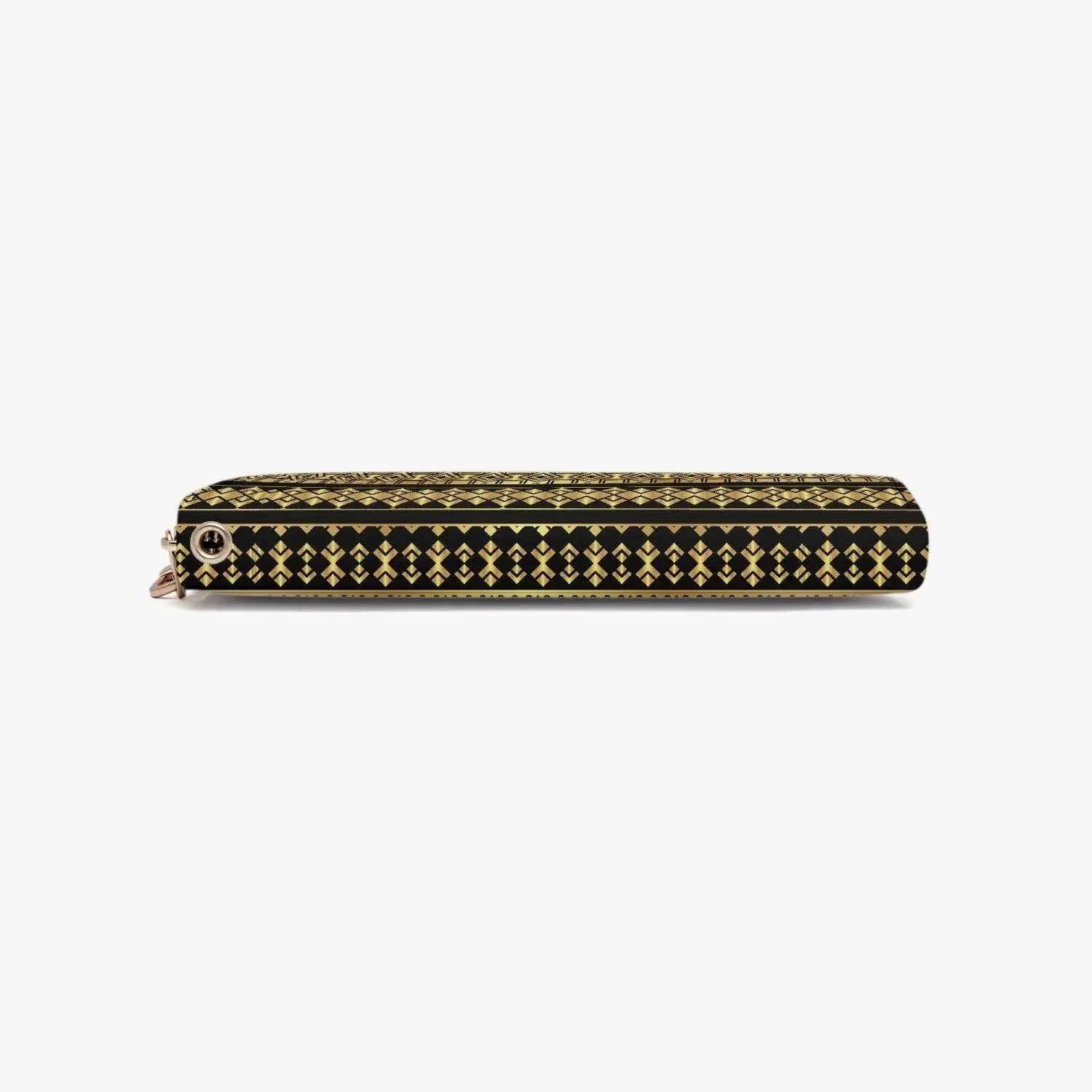 Black wallet with gold geometric pattern and zipper, stylish accessory from Ivorynn