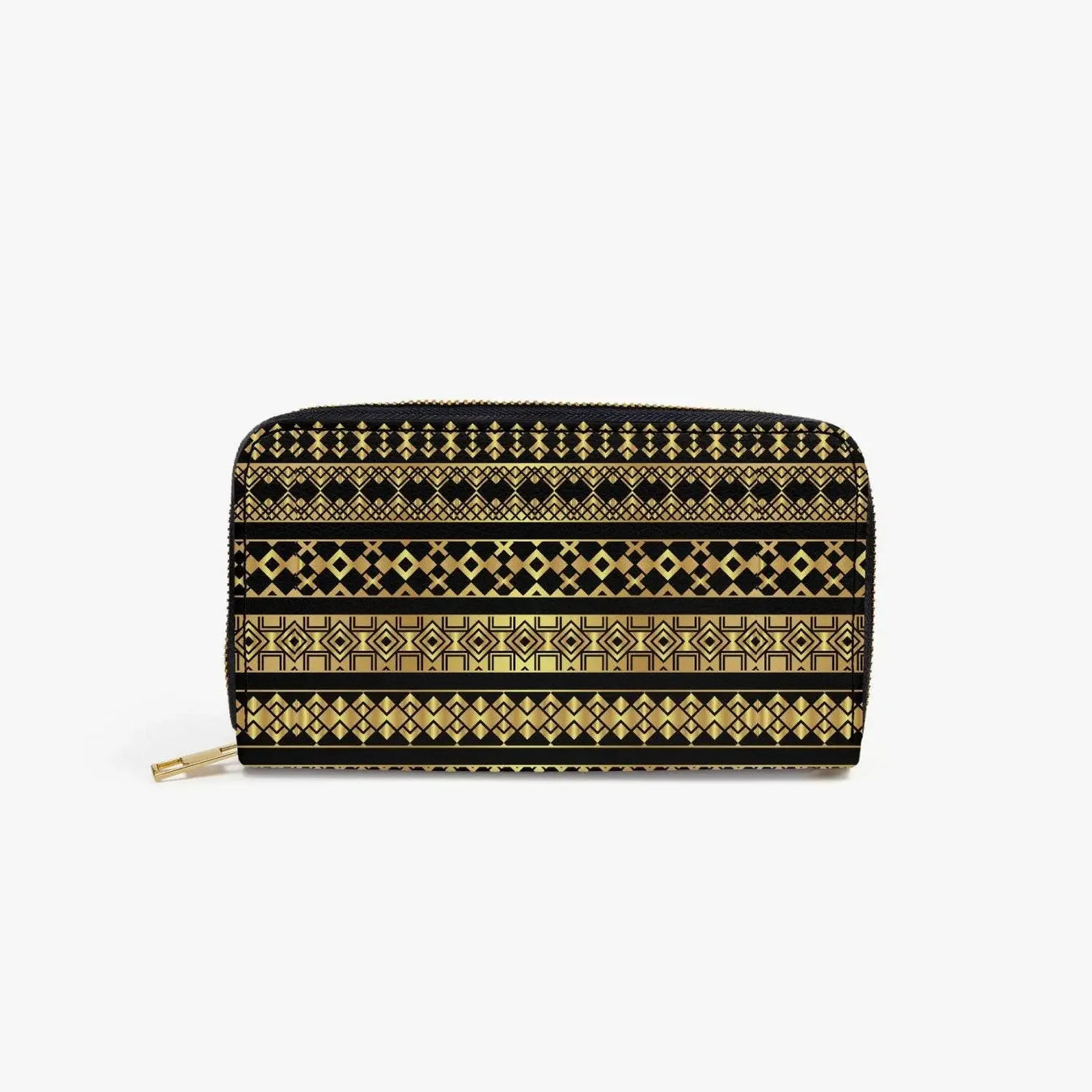 Black wallet with gold geometric patterns and zipper, luxury accessory at Ivorynn