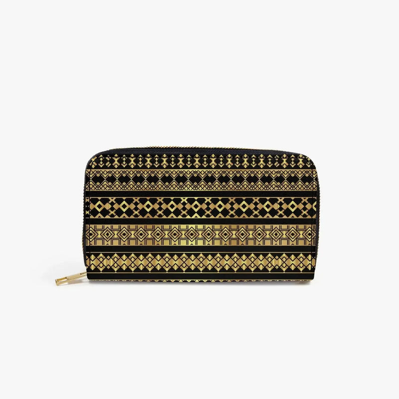Black wallet with gold geometric patterns and zipper, luxury accessory at Ivorynn