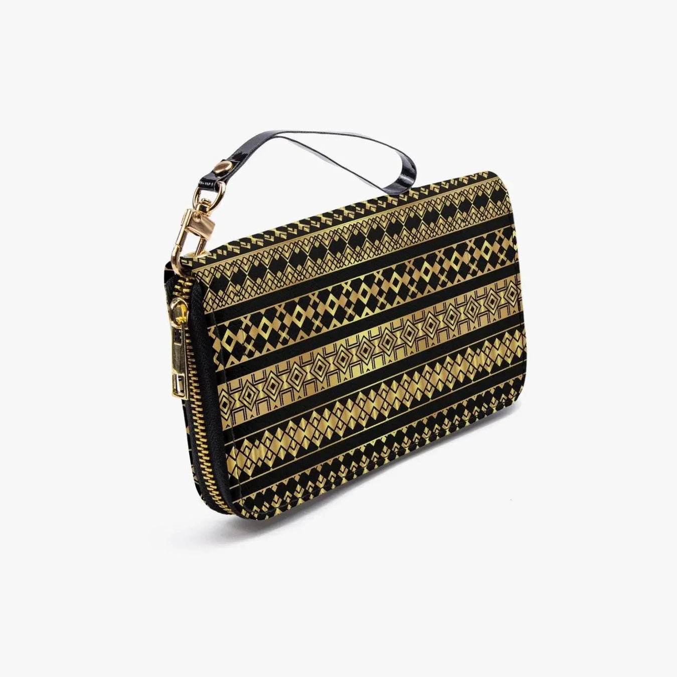 Black wallet with gold geometric pattern, zipper closure, and black strap from Ivorynn