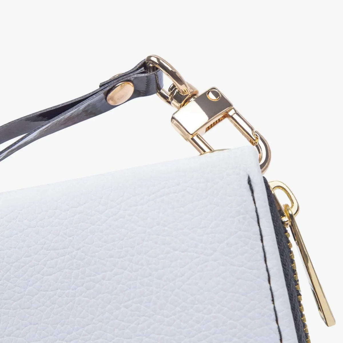 IVORYNN black and white leather wallet with gold zipper and black wrist strap