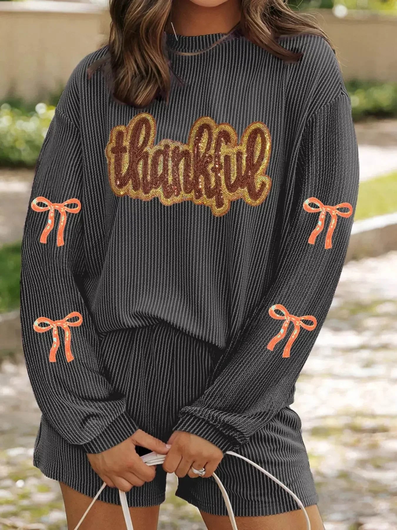 Patched Sequin Bow Sleeve Twisted Ribbed 2 Piece Set - IVORYNN