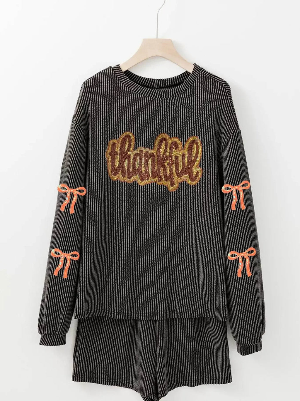 Patched Sequin Bow Sleeve Twisted Ribbed 2 Piece Set - IVORYNN