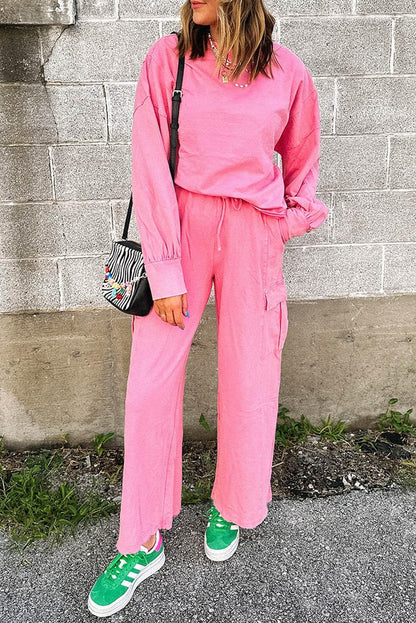 Pink Pullover and Wide Leg Cargo Pants Sachet Set - IVORYNN