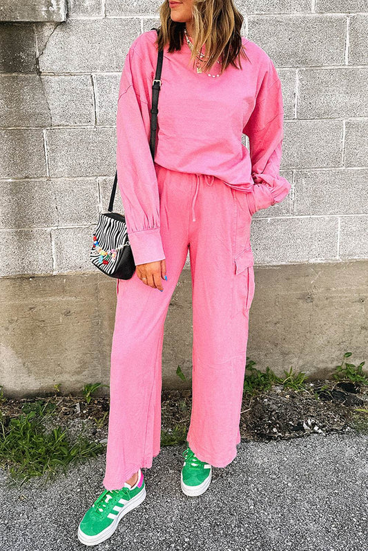 Pink Pullover and Wide Leg Cargo Pants Sachet Set